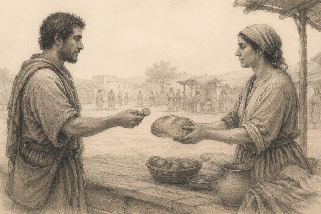 Graphite illustration of two strangers exchanging goods and money across a market counter