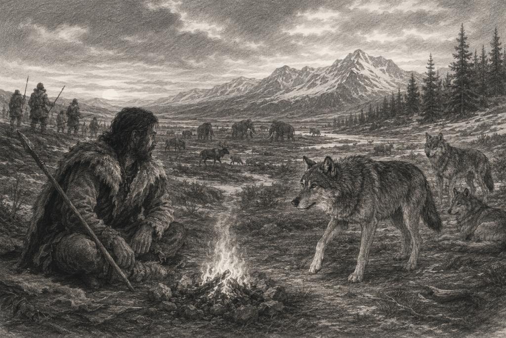 Ice Age hunter and wolves cautiously approaching one another beside a fire on a shared hunting ground