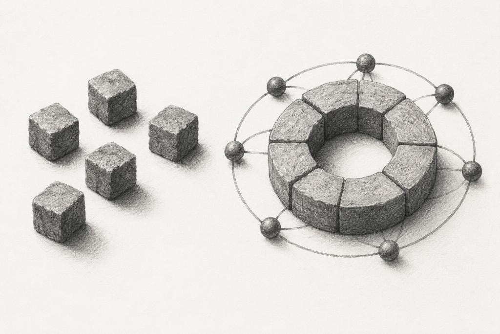 Pencil illustration of scattered stone blocks on the left transforming into an interconnected circular network of stone segments and spheres on the right, representing the shift from fragmented problem-solving to ecosystem architecture