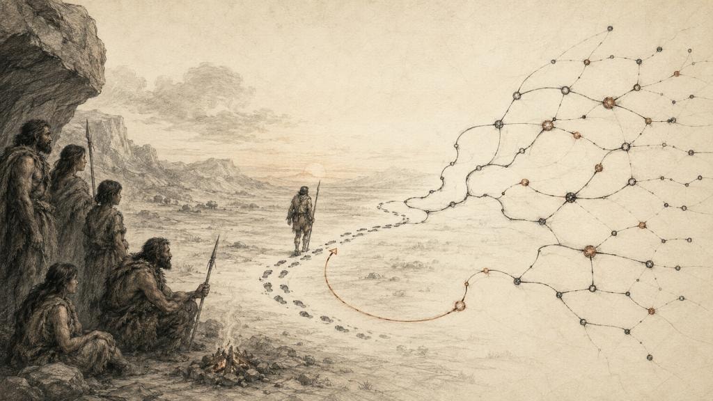 Illustration of a hand with a branching decision network and the phrase 'human in the loop', representing agentic AI delegation and the principal-agent problem