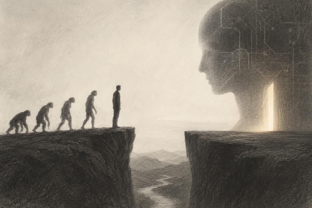 Illustration of human evolution from ape to modern human facing a towering AI figure with circuit-board patterns