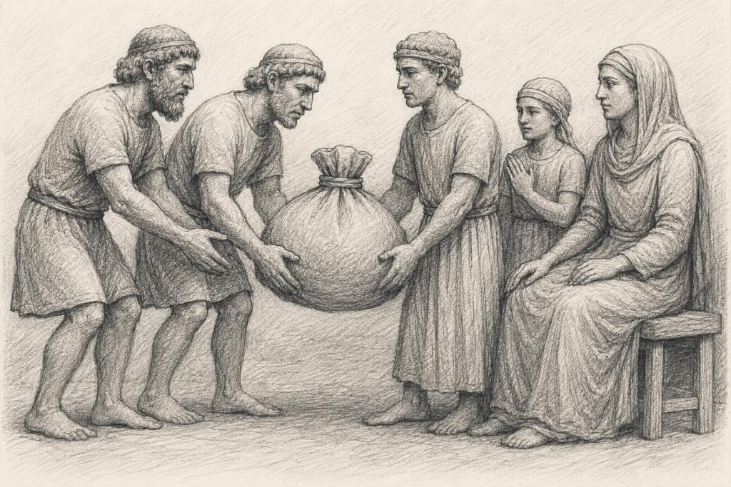 Pencil illustration of ancient figures handing a large sack to a grieving family, representing early mutual aid and the origins of insurance