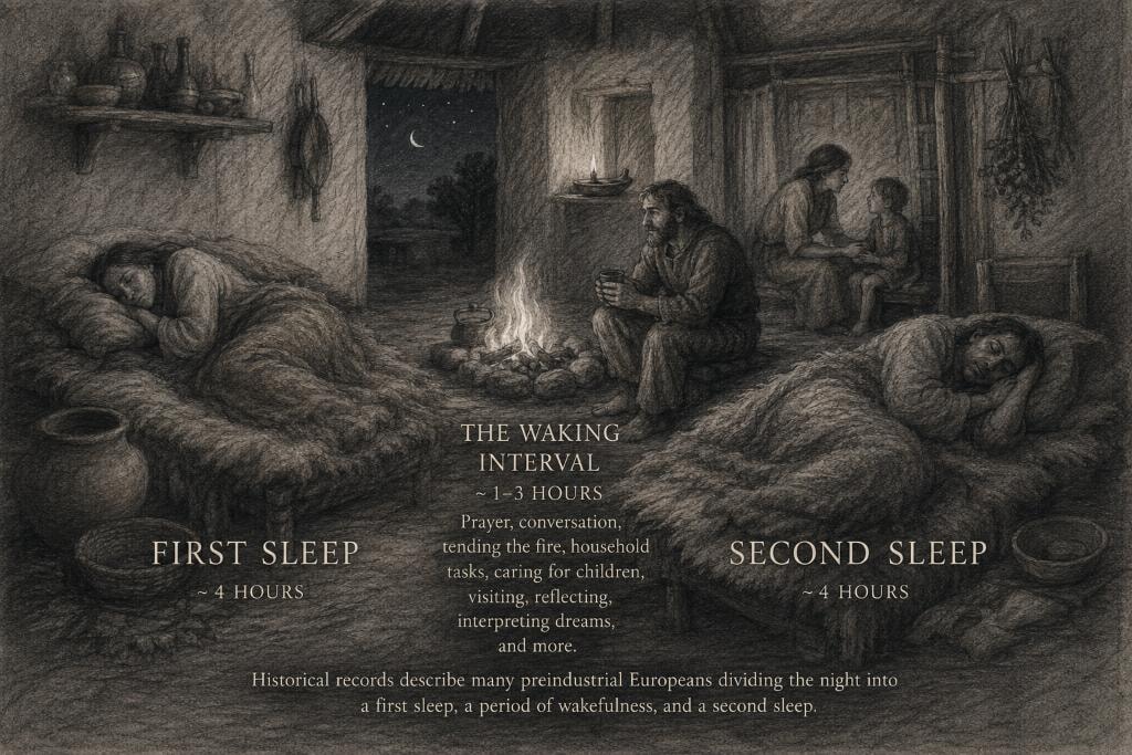 Charcoal illustration of a preindustrial household at night showing first sleep, the waking interval, and second sleep with text labels