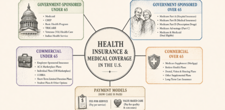 Diagram-style editorial image showing the main categories of health insurance in the United States, divided into government-sponsored and commercial coverage for under-65 and over-65 populations, with fee-for-service and value-based care shown as underlying payment models.