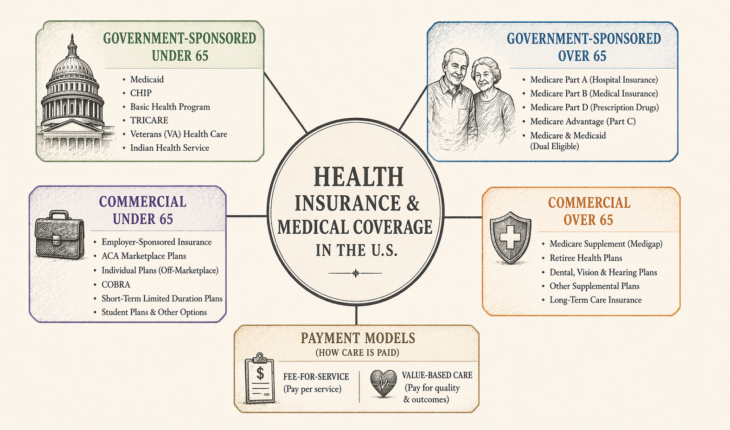 Diagram-style editorial image showing the main categories of health insurance in the United States, divided into government-sponsored and commercial coverage for under-65 and over-65 populations, with fee-for-service and value-based care shown as underlying payment models.