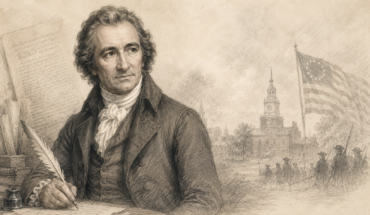 Pencil-style portrait of Thomas Paine writing with a quill, set against a Revolutionary War-era scene with colonial buildings, soldiers, and an early American flag.