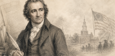 Pencil-style portrait of Thomas Paine writing with a quill, set against a Revolutionary War-era scene with colonial buildings, soldiers, and an early American flag.