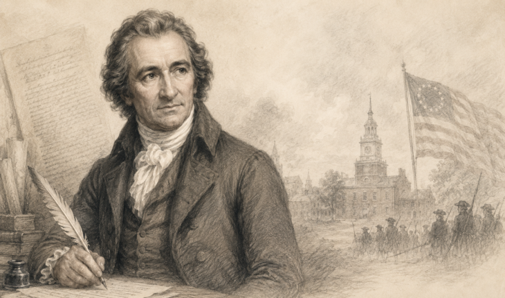 Pencil-style portrait of Thomas Paine writing with a quill, set against a Revolutionary War-era scene with colonial buildings, soldiers, and an early American flag.